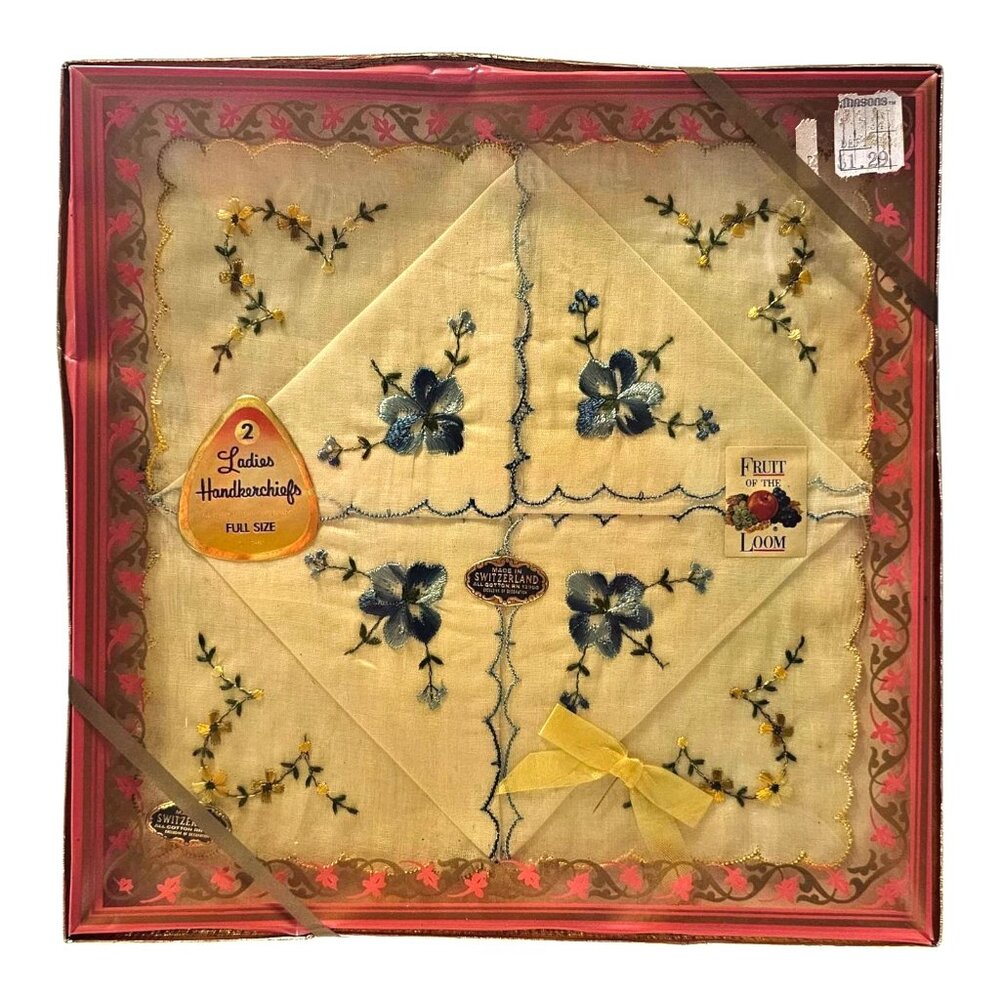 Vintage 60s Fruit Of The Loom Embroidered Yellow Blue Handkerchief Box USA